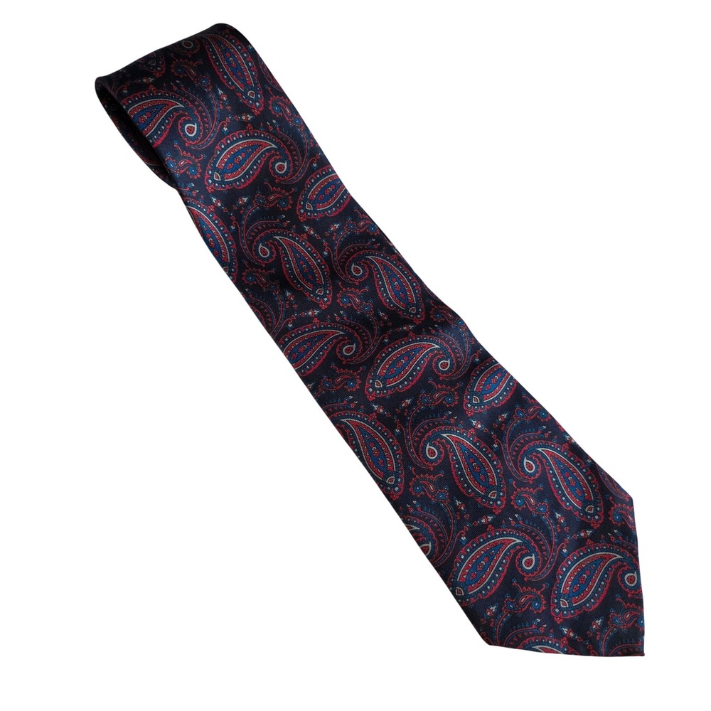Hardy Amies Mens Silk Paisley Print Tie Navy Red Blue